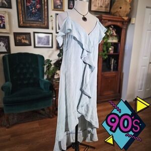 Vintage 90s Reba Light Blue Tencel Cold Shoulder Ruffle High Low Maxi Dress